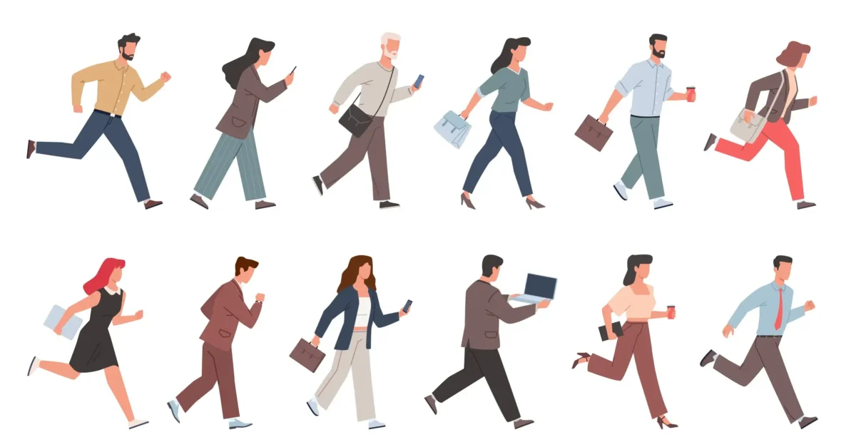 Hurrying business people. Running employees and managers in office clothes, busy characters rushing to work, men and women with briefcases, watches and phones, nowaday vector cartoon flat style set