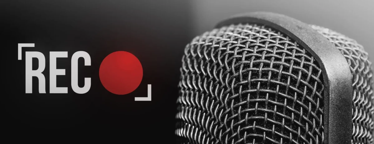 Music studio background with a professional microphone and a rec sign. Recording sign.