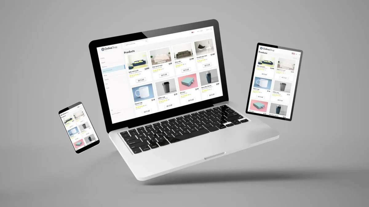 floating laptop, mobile and tablet 3d rendering showing online shop responsive web design
